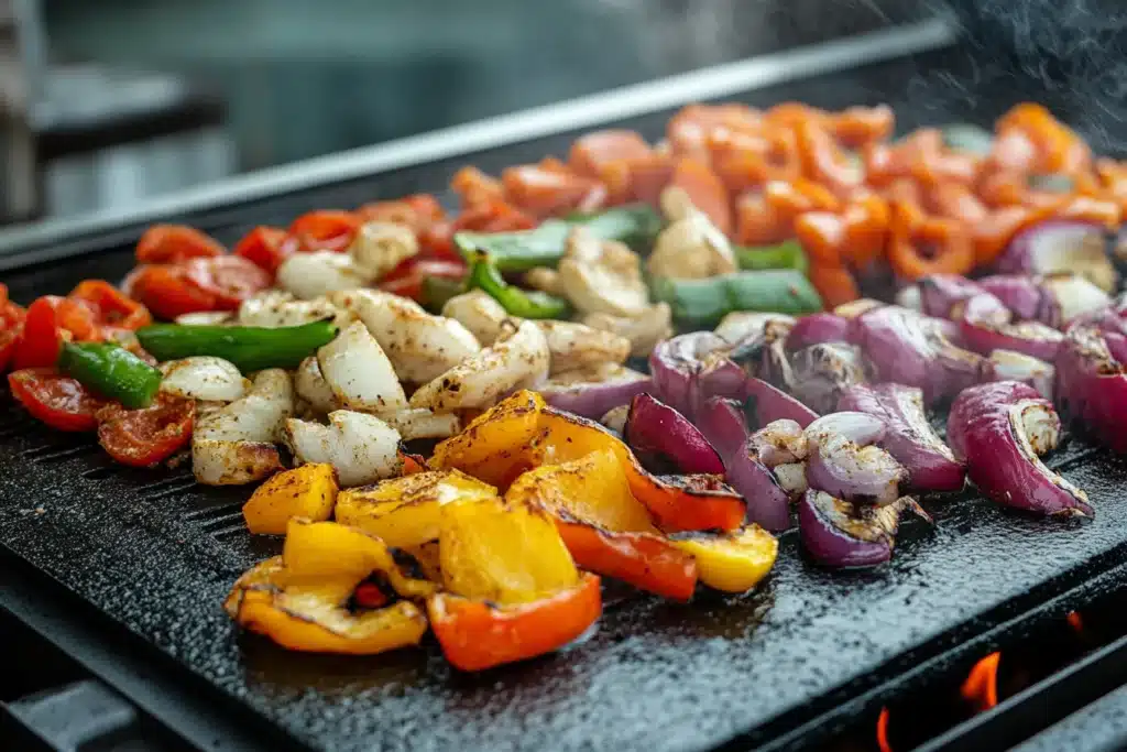 Healthy Blackstone Recipes: Ultimate Nutritious Griddle Cooking Ideas 3 Colorful grilled vegetables on a Blackstone Griddle, including bell peppers, onions, and tomatoes, seasoned and sizzling for a healthy meal.
