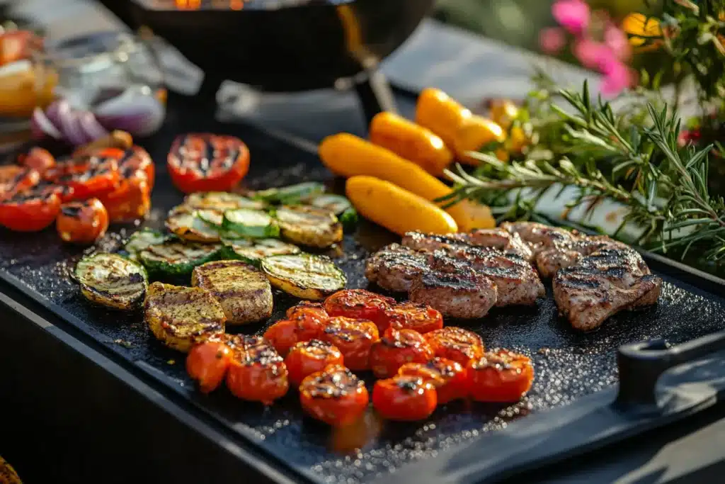 Healthy Blackstone Recipes: Ultimate Nutritious Griddle Cooking Ideas 2 Healthy Blackstone Griddle recipes with grilled vegetables, seasoned chicken, and fresh herbs in an outdoor setting