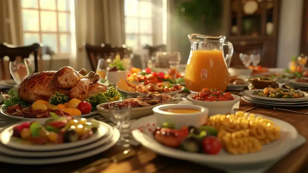 Creative Dinner Ideas: 10 Fun & Flavorful Recipes 3 Creative Dinner Ideas: A beautifully set dinner table featuring healthy family dinner ideas, including roasted chicken, fresh salads, vegetables, pasta, and orange juice in a cozy home setting.