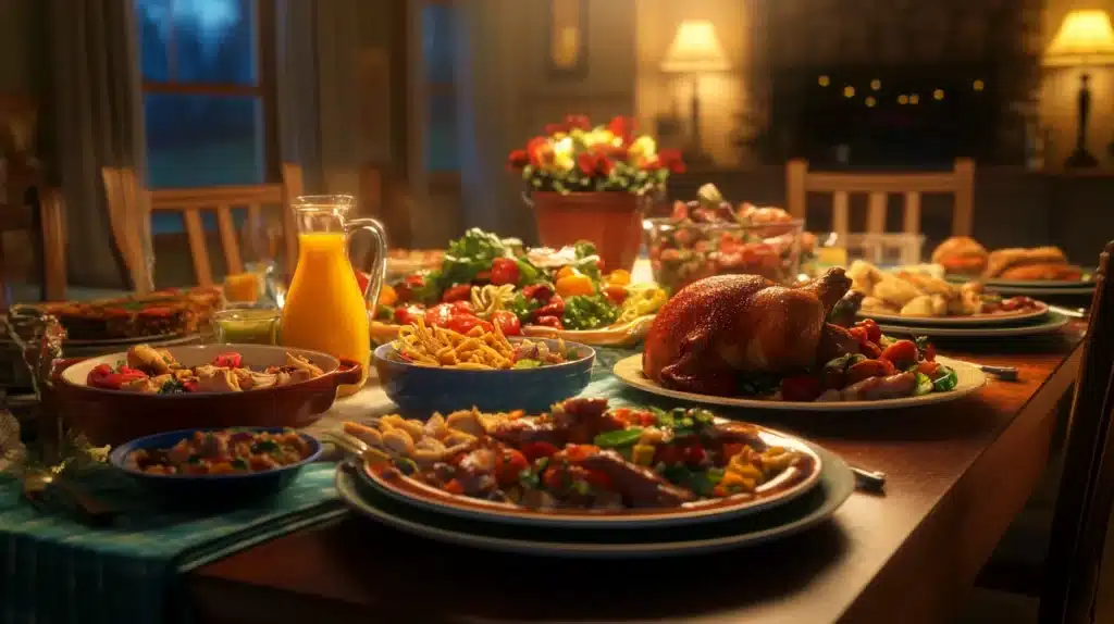 Creative Dinner Ideas: 10 Fun & Flavorful Recipes 2 Creative Dinner Ideas: A beautifully set dinner table filled with delicious family dinner ideas, including roasted chicken, fresh salads, pasta, and bread, in a cozy home setting