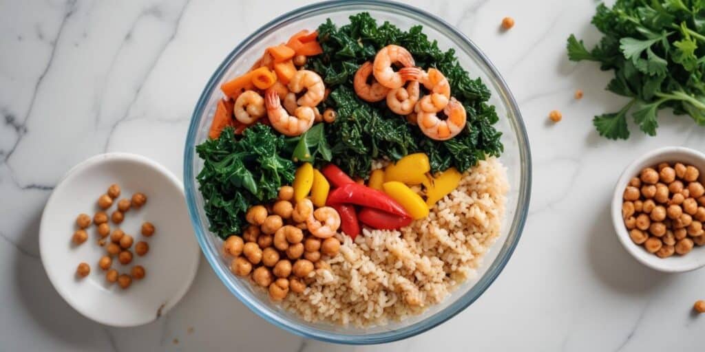 Are Protein Bowls Good for Weight Loss: protein bowls for weight loss: A vibrant protein bowl with shrimp, sautéed kale, bell peppers, chickpeas, and brown rice in a glass bowl on a marble countertop.