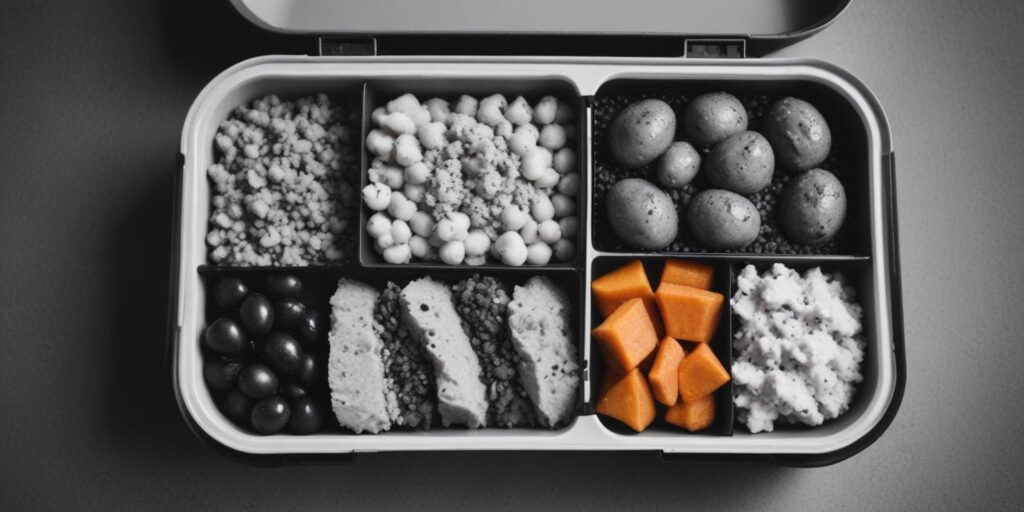40g Protein Lunch Ideas: Easy and Delicious Ways to Boost Your Nutrition 3 40g Protein Lunch Ideas: A neatly organized meal prep container featuring high-protein ingredients such as chickpeas, boiled eggs, grilled chicken slices, sweet potato, and cottage cheese.