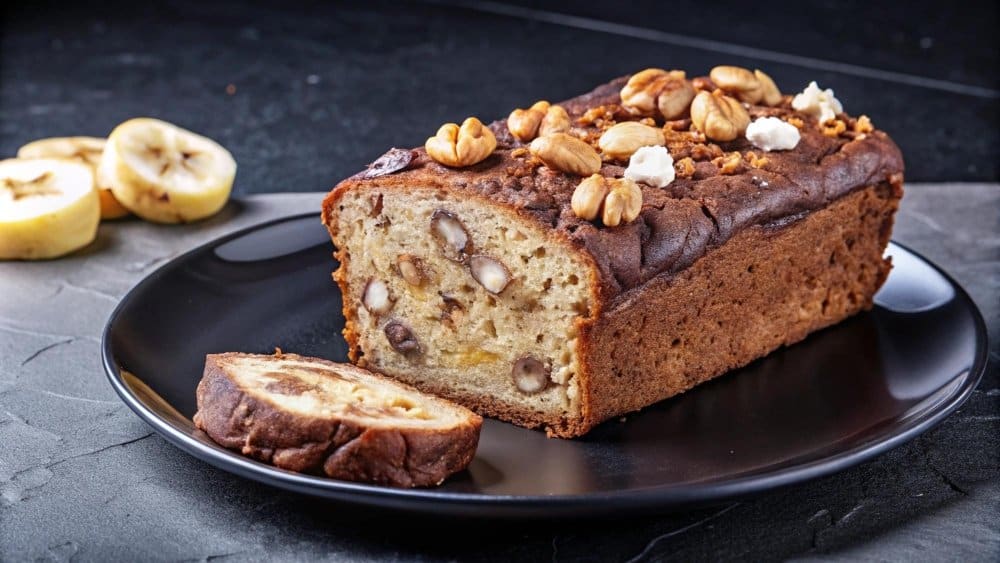 The Best Banana Bread Recipe: Simple and Quick 2 The Best Banana Bread Recipe: Freshly baked banana bread with nuts on top, sliced to reveal its moist interior, served on a black plate with banana slices in the background.