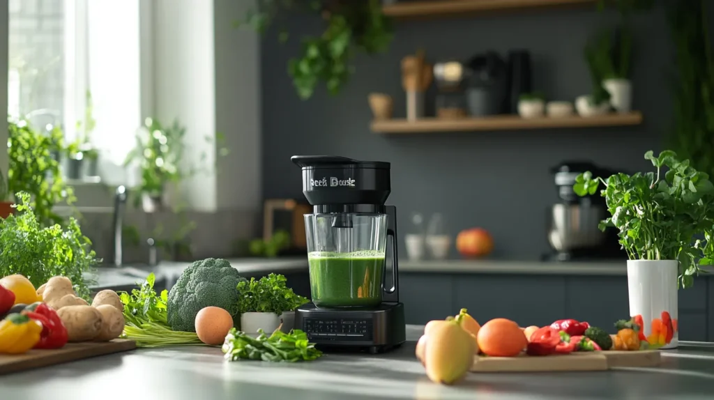 Beast Blender Recipes Healthy: Nutrient-Packed Blends for Every Meal 3 Beast Blender Recipes Healthy: A modern kitchen countertop with a Beast Blender surrounded by fresh fruits, vegetables, and smoothie ingredients, blending a green smoothie with natural light illuminating the scene.