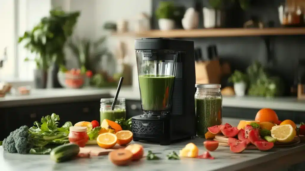 Beast Blender Recipes Healthy: Nutrient-Packed Blends for Every Meal 2 A modern kitchen countertop with a Beast Blender surrounded by fresh fruits, vegetables, and smoothie ingredients, blending a green smoothie with natural light illuminating the scene.