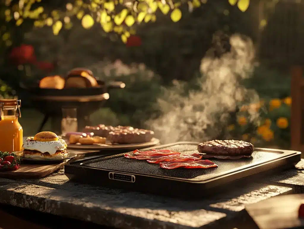 Blackstone griddle vs traditional grill with sizzling food in a backyard setting.