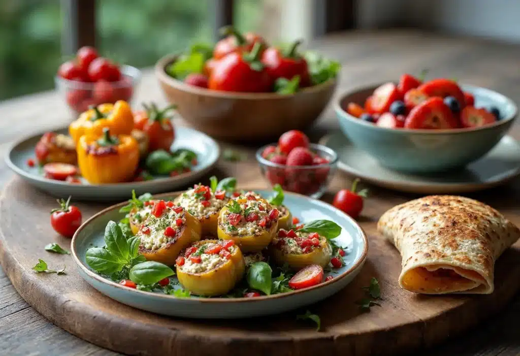Cottage Cheese Lunch Ideas You’ll Love to Try 2 A rustic table featuring cottage cheese stuffed bell peppers, fresh fruit bowls, and a crispy folded wrap with vibrant garnishes.