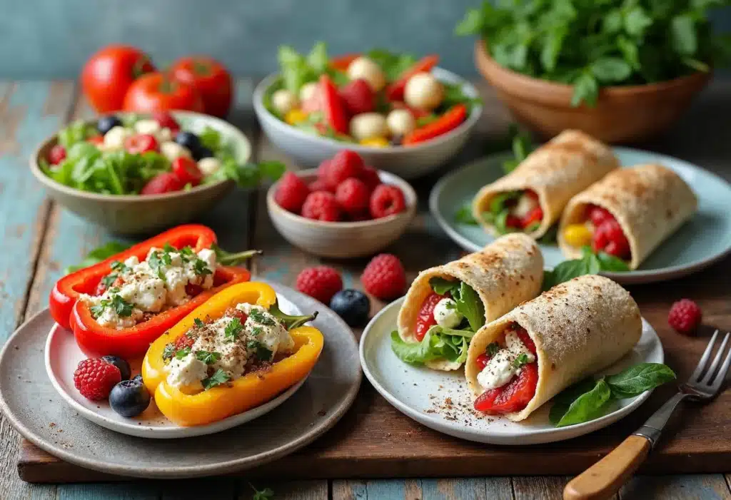Cottage Cheese Lunch Ideas You’ll Love to Try 3 A colorful lunch spread featuring stuffed bell peppers filled with cottage cheese and herbs, paired with wraps, fresh berries, and salads.