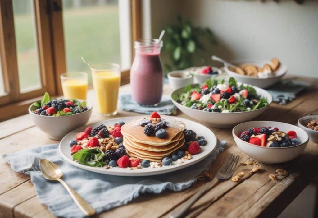 Cottage Cheese Recipes: Healthy and Delicious Ideas for Every Meal 2 A beautifully arranged table with cottage cheese pancakes, a colorful salad, smoothie bowls, and fruit drinks by a bright window.