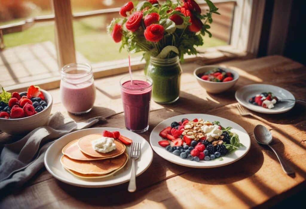 Cottage Cheese Recipes: Healthy and Delicious Ideas for Every Meal 3 A cozy breakfast table featuring cottage cheese pancakes, fresh berry bowls, green smoothies, and vibrant salads by the window.