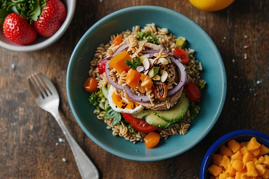 Delicious Gluten-Free Lunch Ideas: What to Eat Today 🍽️ 4 "Gluten-free pasta salad with cherry tomatoes, avocado, boiled egg, and nuts in a blue bowl, surrounded by fresh strawberries and mango cubes."