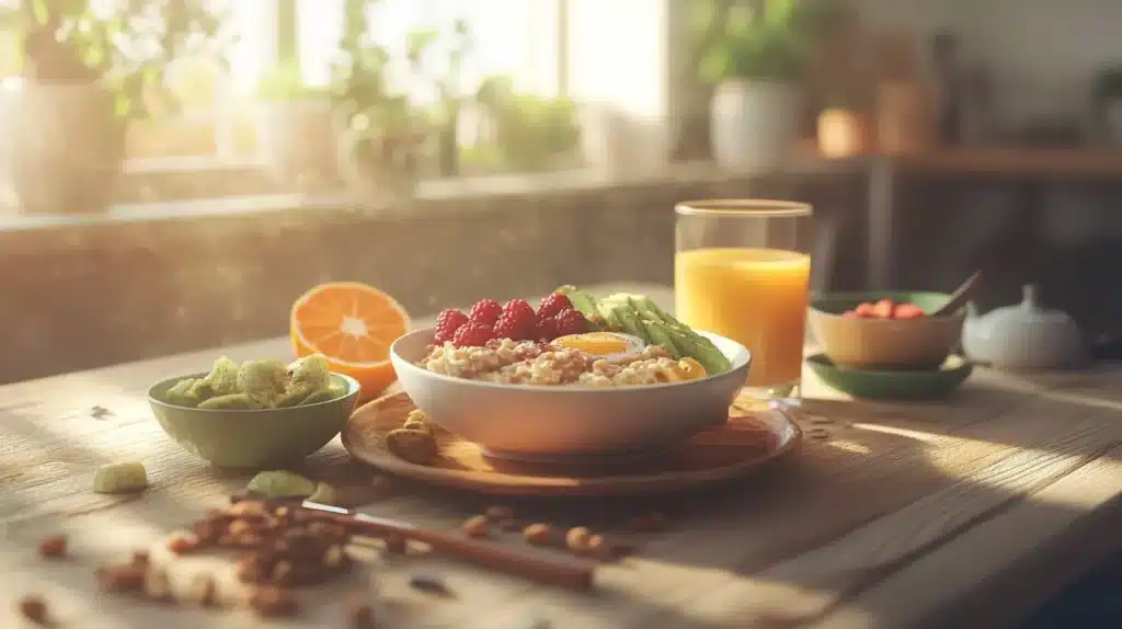 Easy Healthy Weeknight Breakfast for Family 3 Easy Healthy Weeknight Breakfast for Family with oatmeal, fresh fruits, orange juice, and kiwi slices in a cozy kitchen
