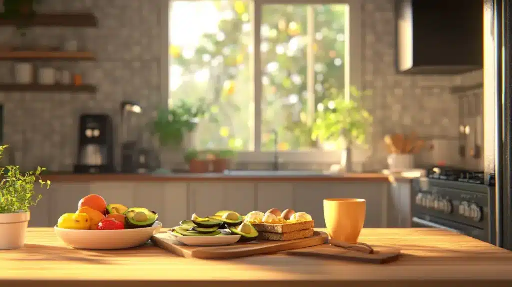 Easy Healthy Weeknight Breakfast for Family 2 Easy Healthy Weeknight Breakfast for Family with avocado toast, fresh fruits, and a cup of coffee in a cozy kitchen