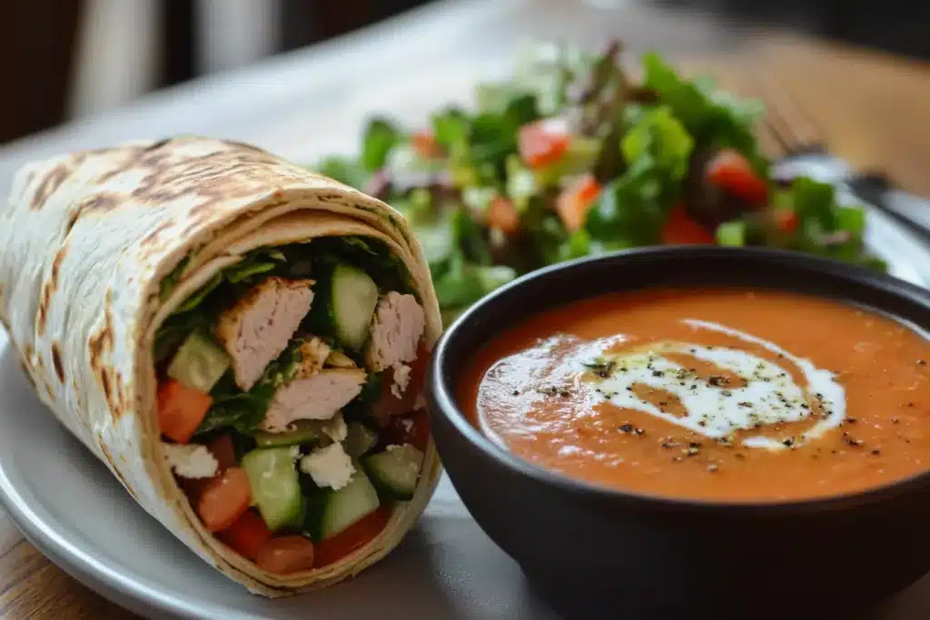 Fast and Easy Lunch Ideas: Delicious, Healthy, and Quick Meals 4 Fast and Easy Lunch Ideas: A grilled chicken wrap with fresh cucumber, tomato, and feta cheese, served with creamy tomato soup and a side salad