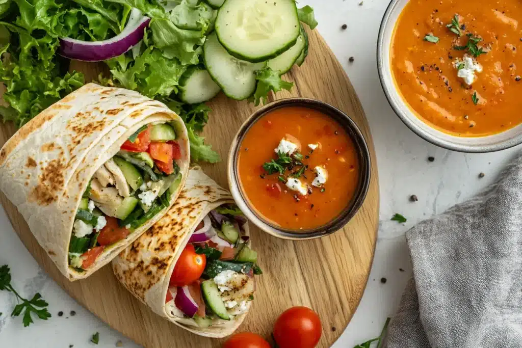 Fast and Easy Lunch Ideas: Delicious, Healthy, and Quick Meals 3 Fast and Easy Lunch Ideas: Grilled chicken wraps with fresh cucumber, tomato, red onion, and feta cheese, served with creamy tomato soup and garnished with herbs