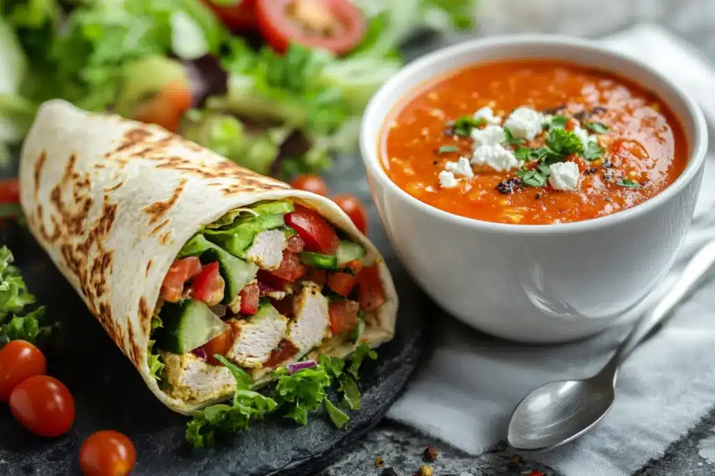 Fast and Easy Lunch Ideas: Delicious, Healthy, and Quick Meals 2 Fast and Easy Lunch Ideas: A healthy grilled chicken wrap with fresh vegetables and a bowl of tomato soup, topped with feta cheese and herbs."