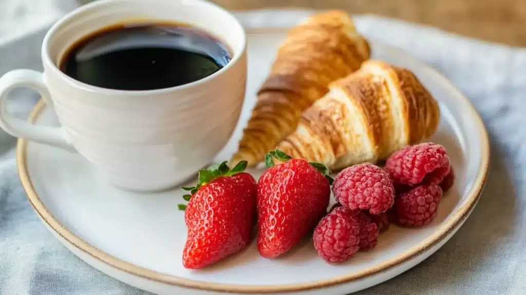 Discover the Healthiest Starbucks Breakfast Items: A Complete Guide 3 A classic Starbucks breakfast featuring black coffee, fresh strawberries, raspberries, and golden croissants served on a white plate.