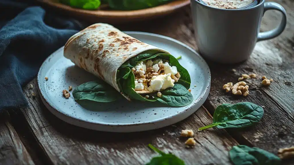Discover the Healthiest Starbucks Breakfast Items: A Complete Guide 4 A nutritious Starbucks breakfast wrap filled with fresh spinach, feta cheese, and walnuts, served on a rustic plate with a cup of coffee on a wooden table.