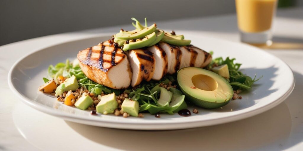 40g Protein Lunch Ideas: Easy and Delicious Ways to Boost Your Nutrition 4 A high-protein lunch plate featuring grilled chicken, quinoa, arugula, avocado slices, and balsamic glaze, served on a white plate.