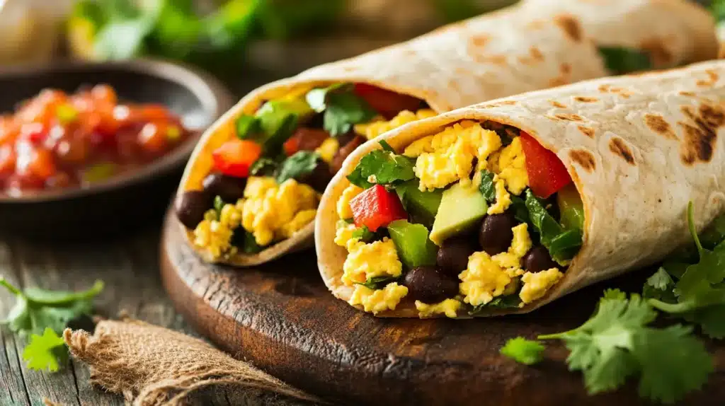 Healthy Breakfast Burritos: A Delicious Start to Your Day 2 A healthy breakfast burrito filled with scrambled eggs, spinach, black beans, bell peppers, and avocado, wrapped in a whole grain tortilla, served on a rustic wooden table with fresh salsa and cilantro garnish.