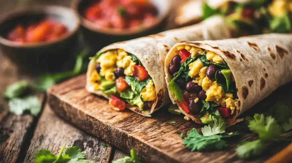Healthy Breakfast Burritos: A Delicious Start to Your Day 3 A healthy breakfast burrito filled with scrambled eggs, spinach, black beans, bell peppers, and avocado, wrapped in a whole grain tortilla, served on a rustic wooden table with fresh salsa and cilantro garnish.