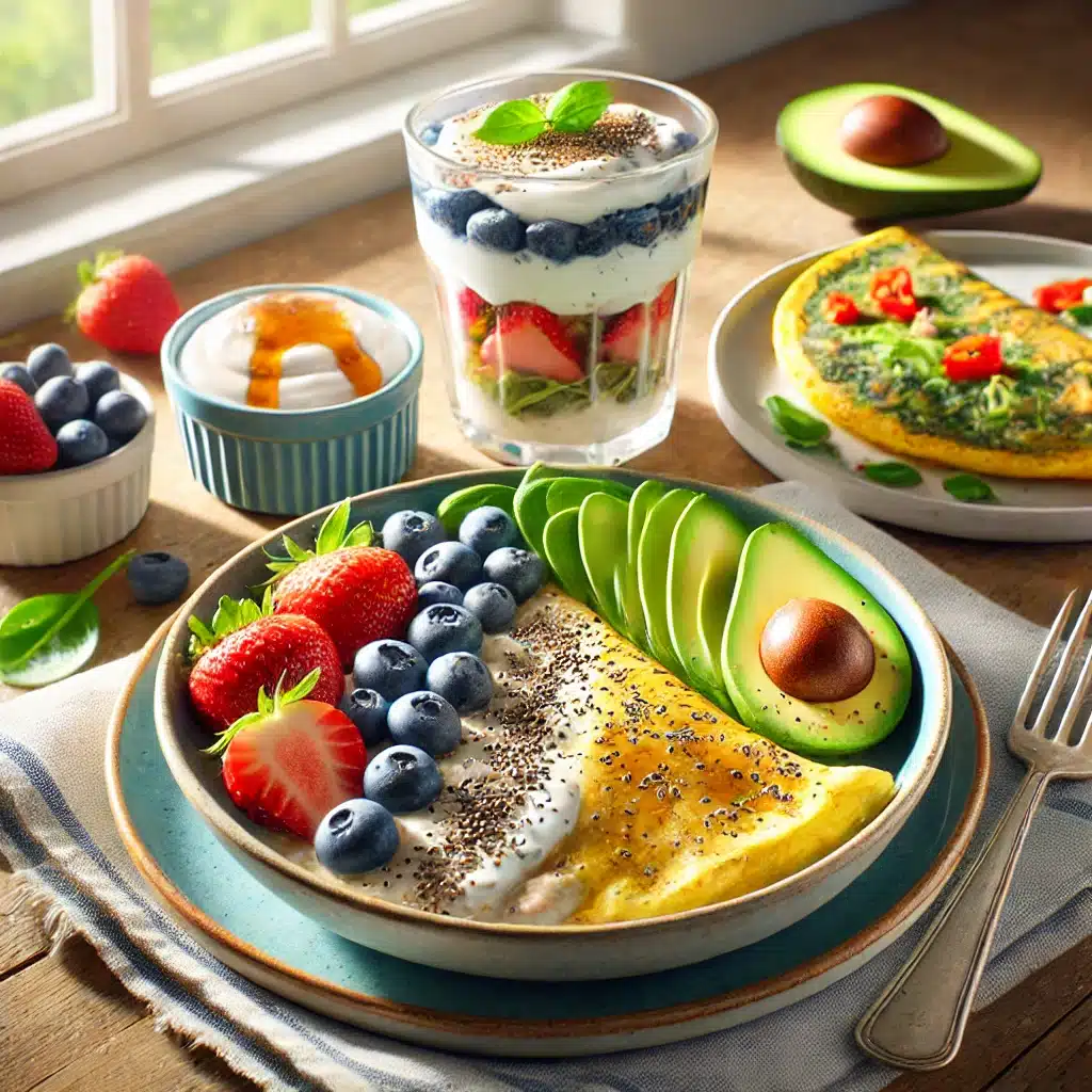 What type of breakfast is best for weight loss: A healthy breakfast for weight loss featuring oatmeal with fruits, Greek yogurt parfait with chia seeds, and a vegetable omelet with avocado.