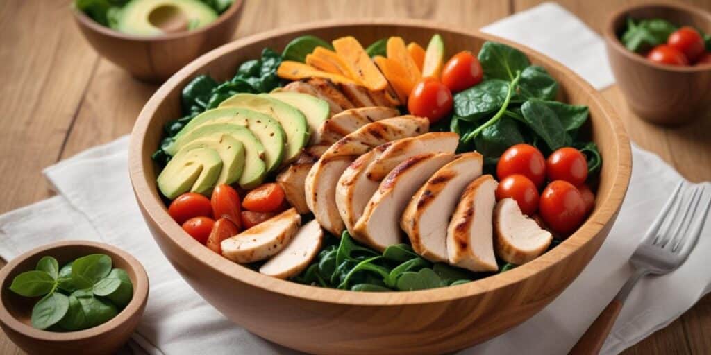 Are Protein Bowls Good for Weight Loss? Find Out Now! 3 Are Protein Bowls Good for Weight Loss: protein bowls for weight loss: A healthy protein bowl with grilled chicken slices, fresh spinach, avocado, cherry tomatoes, and carrots served in a wooden bowl on a rustic wooden table.