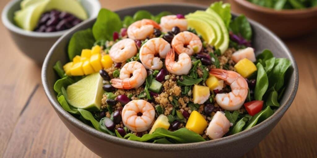 Delicious Gluten-Free Lunch Ideas: What to Eat Today 🍽️ 3 "Healthy quinoa salad bowl with shrimp, mango, black beans, spinach, avocado, and lime on a wooden table."
