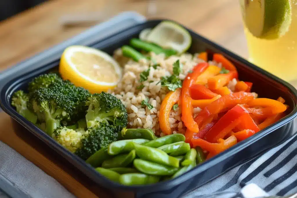 Frozen Stir Fry Vegetables Made Easy: Quick Meals 3 A healthy meal prep container featuring frozen stir fry vegetables, including broccoli, snap peas, and bell peppers, served with brown rice, lemon slices, and fresh herbs.