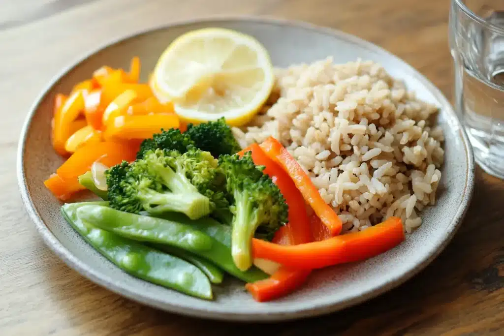 Frozen Stir Fry Vegetables Made Easy: Quick Meals 2 A healthy plate featuring frozen stir fry vegetables, including broccoli, snap peas, and bell peppers, served with brown rice and fresh lemon slices.