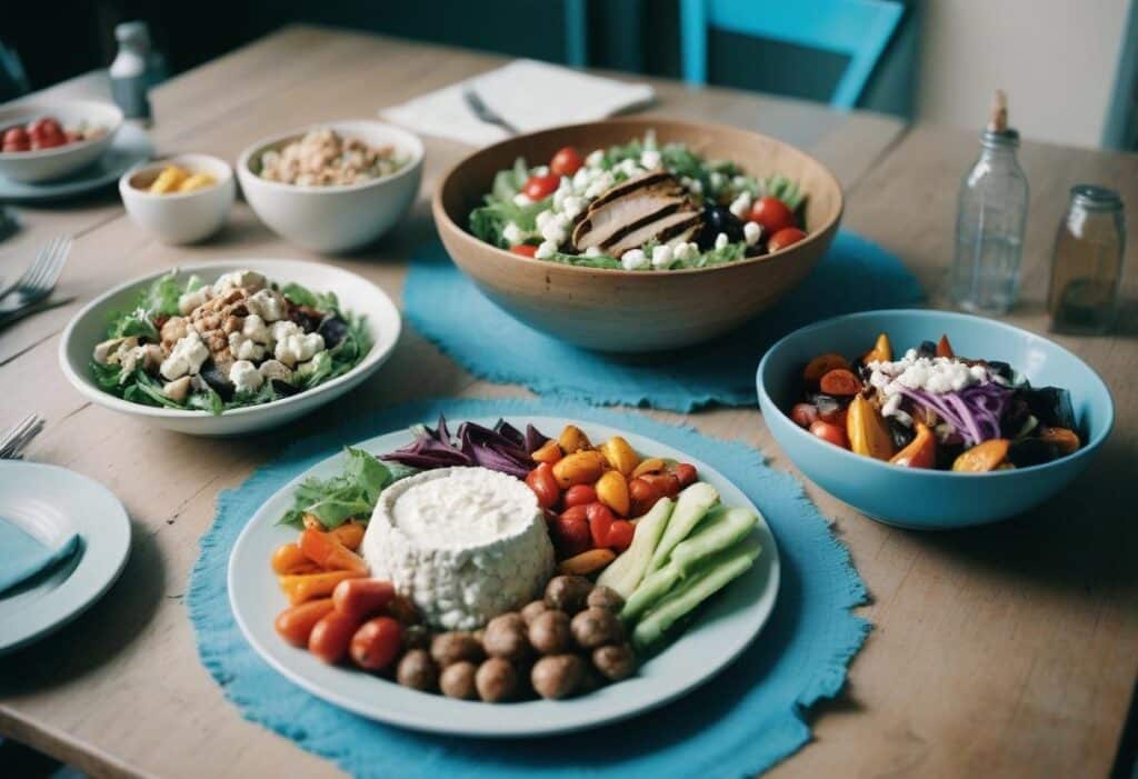 High-Protein Cottage Cheese Recipes for a Satisfying Lunch 2 A vibrant table setup featuring high-protein cottage cheese recipes, including salads, roasted vegetables, and fresh vegetable platters.