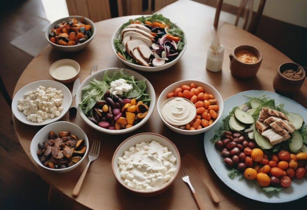High-Protein Cottage Cheese Recipes for a Satisfying Lunch 3 A vibrant table with high-protein cottage cheese lunch recipes, including salads, grilled chicken, roasted vegetables, and fresh tomatoes