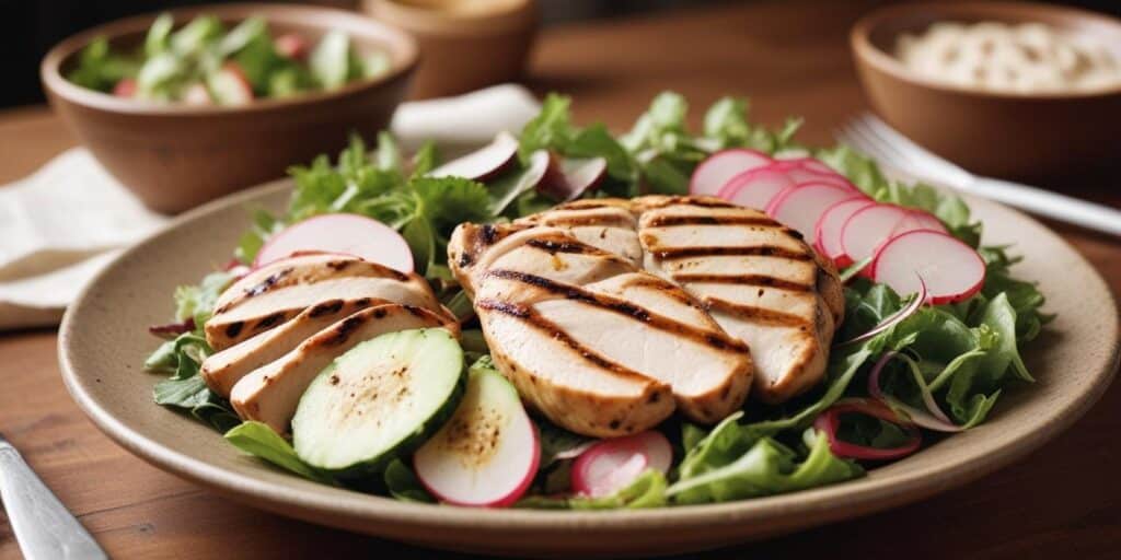 40g Protein Lunch Ideas: Easy and Delicious Ways to Boost Your Nutrition 2 40g Protein Lunch Ideas: A nutritious lunch plate featuring grilled chicken breast slices on a bed of fresh greens, sliced radishes, and cucumbers, perfect for a high-protein meal.