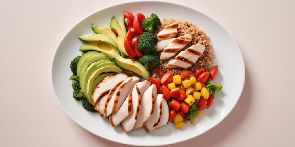 High Protein Lunch Recipes: Nutritious and Delicious Meals for Every Day 3 High Protein Lunch Recipes: A beautifully arranged high-protein lunch plate featuring grilled chicken slices, avocado, quinoa, broccoli, and colorful vegetables like cherry tomatoes and yellow peppers on a white plate.