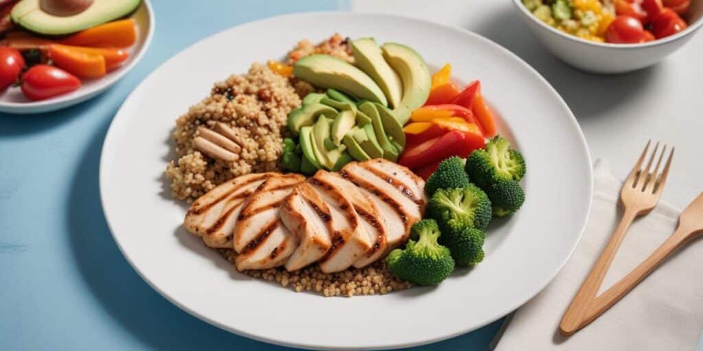 High Protein Lunch Recipes: A vibrant high-protein lunch plate featuring grilled chicken slices, avocado, broccoli, quinoa, and colorful bell peppers on a white plate.