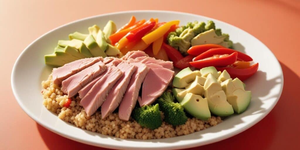High Protein Lunch Recipes: Nutritious and Delicious Meals for Every Day 2 High Protein Lunch Recipes: A colorful plate of high-protein lunch featuring sliced tuna, avocado slices, couscous, steamed broccoli, and bell peppers on a white plate.