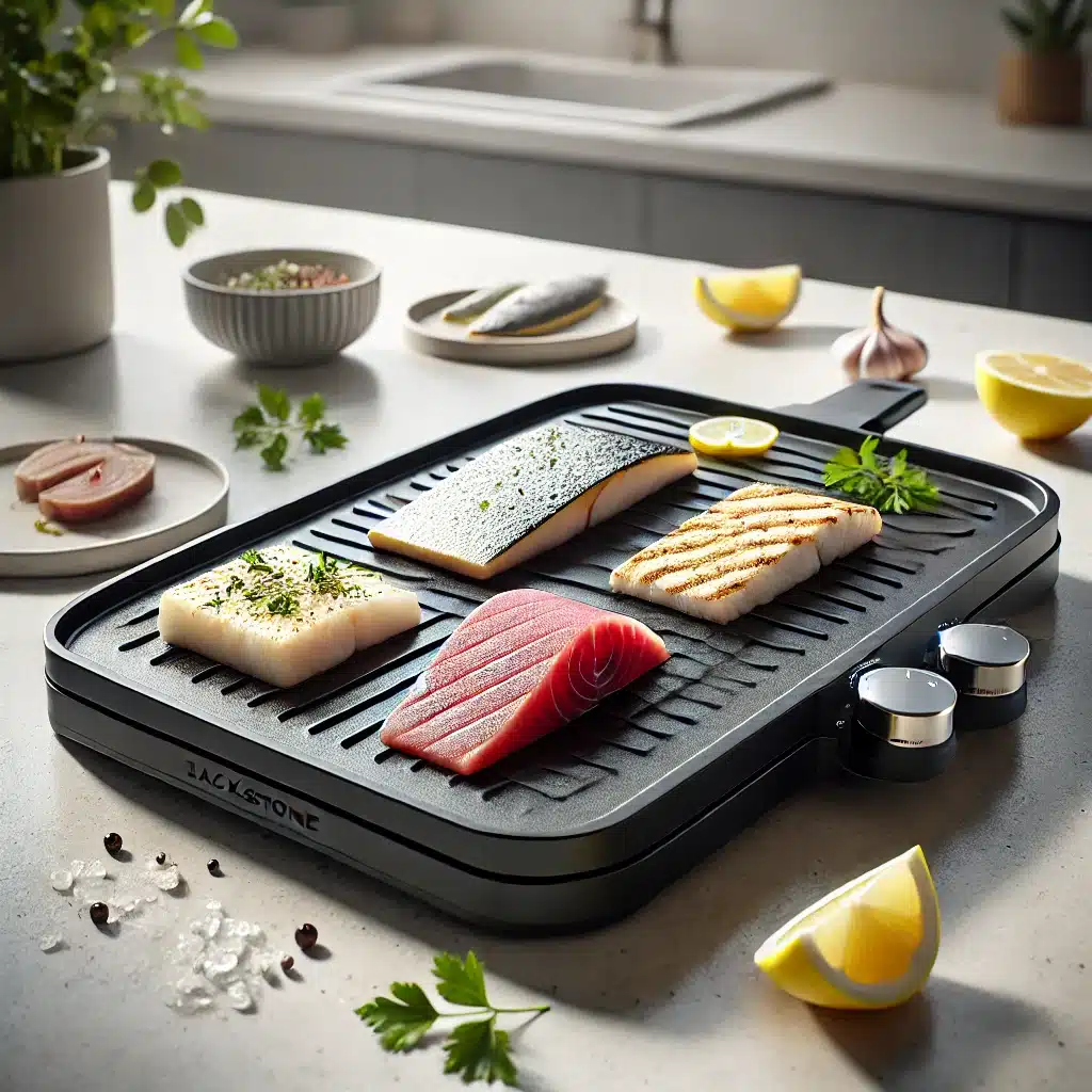 How to cook fish on the Blackstone griddle: "A realistic scene of a Blackstone griddle cooking tuna, halibut, and mahi-mahi fillets with lemon wedges and parsley garnish."