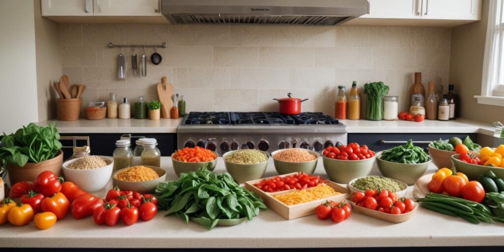 30-Minute Meals: Quick Dinner Ideas Your Family Will Love 2 A beautifully organized kitchen counter with fresh vegetables, grains, and cooking essentials for preparing 30-minute meals.