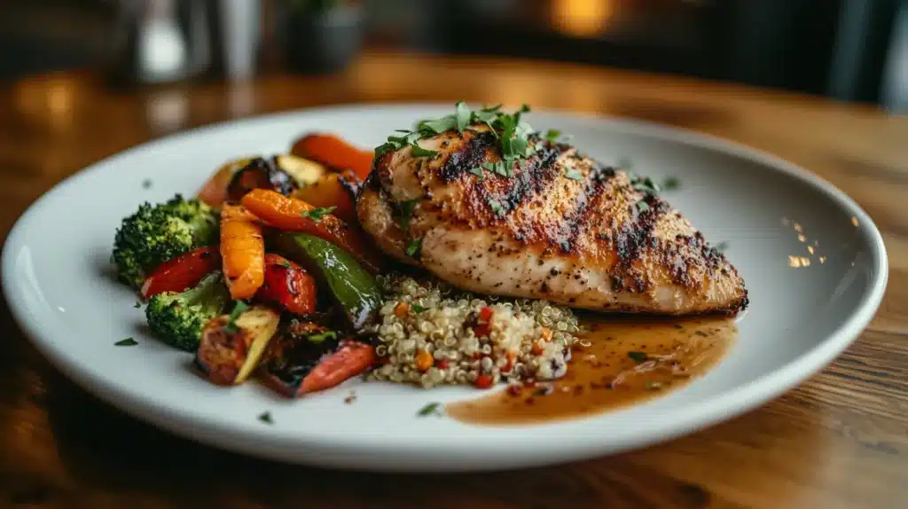 25 Quick Dinner Ideas Tonight for Busy Evenings 2 A healthy and delicious quick dinner idea tonight featuring grilled chicken breast, roasted vegetables, and quinoa, served on a white plate with herbs