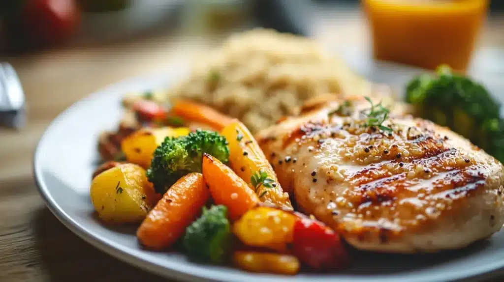 25 Quick Dinner Ideas Tonight for Busy Evenings 4 A delicious quick dinner idea tonight featuring grilled chicken breast, roasted vegetables (carrots, broccoli, and potatoes), and quinoa served on a white plate