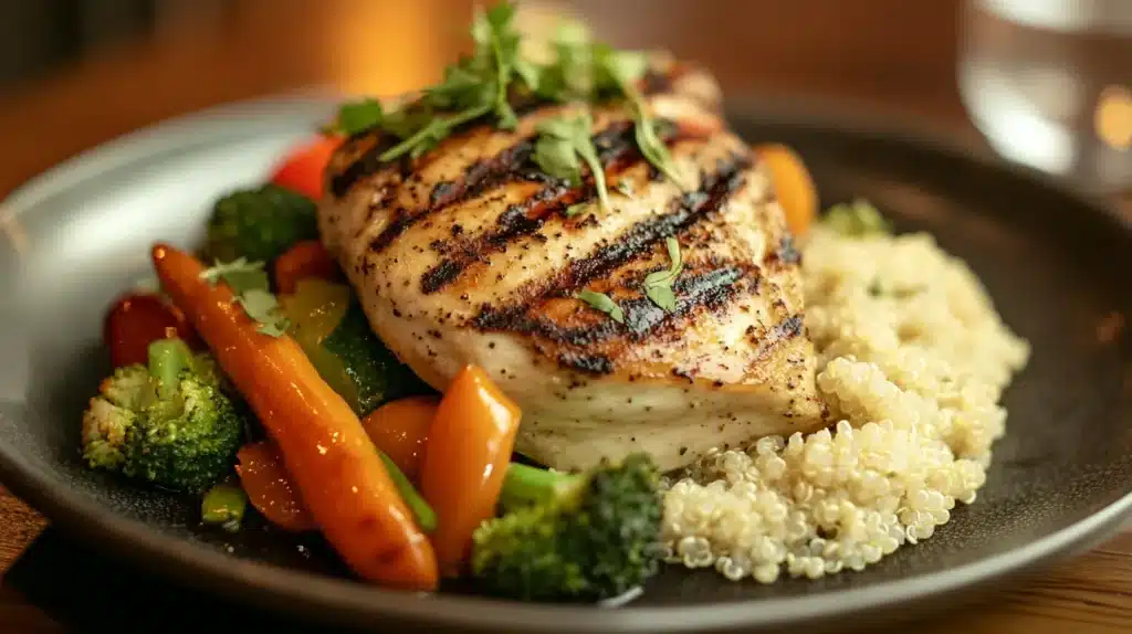25 Quick Dinner Ideas Tonight for Busy Evenings 3 A delicious quick dinner idea tonight featuring grilled chicken breast, roasted vegetables (carrots, broccoli, and bell peppers), and fluffy quinoa served on a dark plate