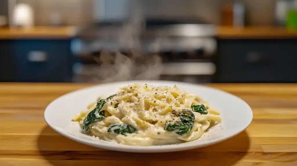 15 Best Quick Dinner Recipes for Busy Nights (Fast & Easy!) 2 Quick Dinner Recipes – Creamy Alfredo Pasta with Spinach on a White Plate