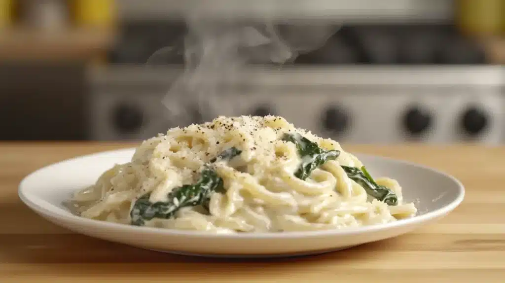 15 Best Quick Dinner Recipes for Busy Nights (Fast & Easy!) 3 Quick Dinner Recipes – Creamy Alfredo Pasta with Spinach on a White Plate, Freshly Served