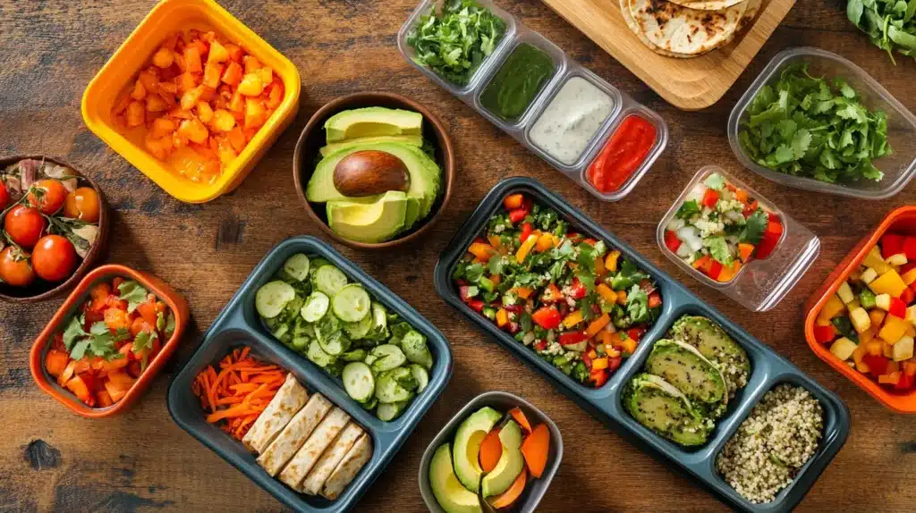 Quick & Easy Lunch Ideas That Simplify Healthy Prep 2 Colorful lunch prep with fresh ingredients including diced vegetables, quinoa, avocado, wraps, sauces, and herbs arranged on a wooden table.