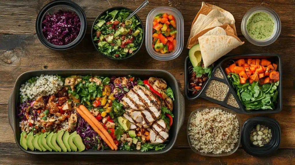 Quick & Easy Lunch Ideas That Simplify Healthy Prep 4 Grilled chicken and fresh vegetables arranged in a meal prep tray with quinoa, avocado slices, carrots, and side dishes like salad, roasted sweet potatoes, and tortillas