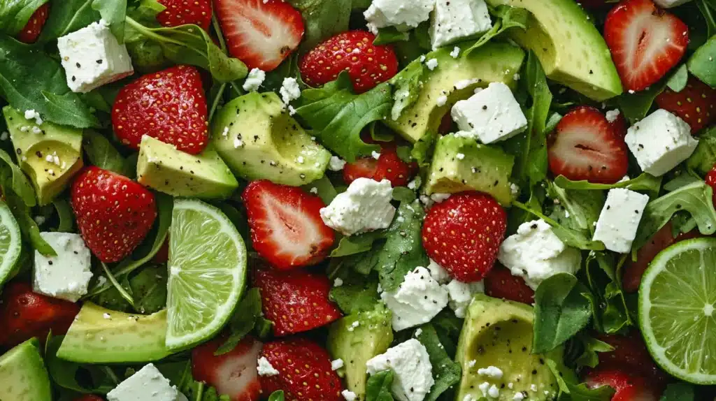 Top 10 Healthy Lunch Ideas for a Balanced Diet 4 Fresh salad with avocado, strawberries, feta cheese, arugula, and lime – a perfect choice from the Top 10 Healthy Lunch Ideas for a balanced diet.