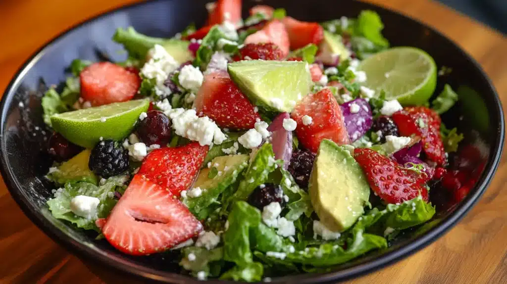Top 10 Healthy Lunch Ideas for a Balanced Diet 2 Colorful salad with avocado, strawberries, feta cheese, mixed greens, and lime – a delicious and nutritious option from the Top 10 Healthy Lunch Ideas.