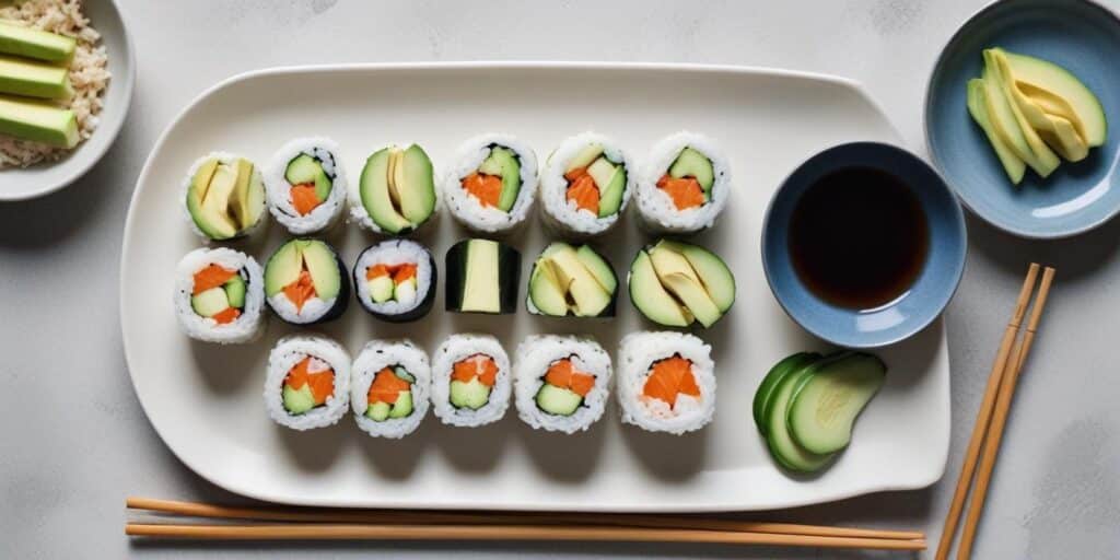 Delicious Gluten-Free Lunch Ideas: What to Eat Today 🍽️ 2 "Top-down view of a gluten-free sushi platter with avocado, cucumber, and salmon rolls served with soy sauce, sliced avocado, and chopsticks."