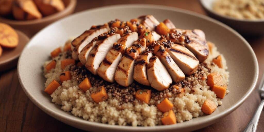Are Protein Bowls Good for Weight Loss? Find Out Now! 2 Are Protein Bowls Good for Weight Loss: A weight-loss meal featuring grilled chicken slices served over quinoa and roasted sweet potatoes, arranged beautifully on a ceramic plate