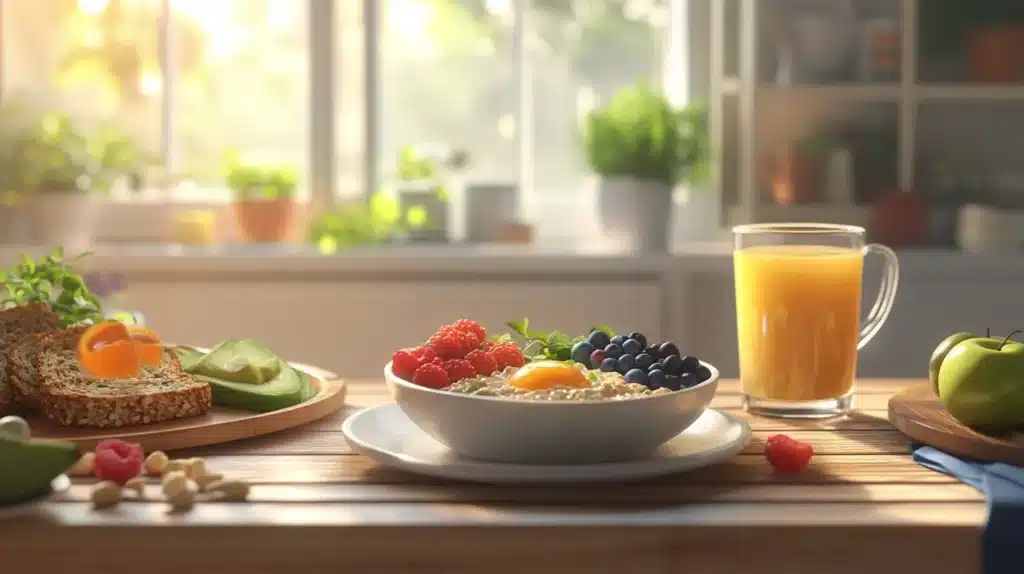 What is the Healthiest Breakfast You Can Eat? 3 Healthy breakfast with oatmeal, fresh fruits like raspberries and blueberries, whole grain toast with avocado and orange slices, a glass of orange juice, and green apples on a wooden table in a bright, sunny kitchen.